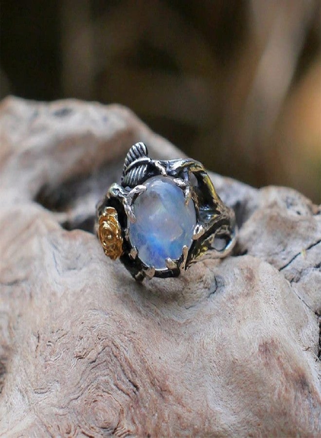 Hsitgexf Unique Vintage Flowering Twig Rainbow Moonstone Engagement Ring for Women,Victorian Style Solitaire Ring Thai Silver Jewelry (US Size 9) - Image 3